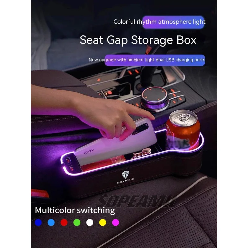 

Car USB Colour Lamp Seat Multifunctional Storage Case For Tesla Cybertruck Model 3 Model Y Model S Model X Roadster Seat Gap Box