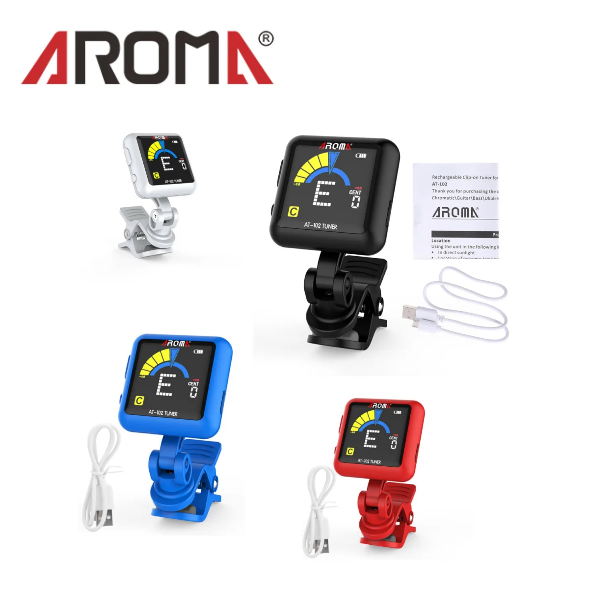 Afinador de Guitarra Recarregável Aroma AT-102, 4 Cores, Tela Colorida Clip-on com Bateria Integrada e Cabo USB para Guitarra Cromática/Violino