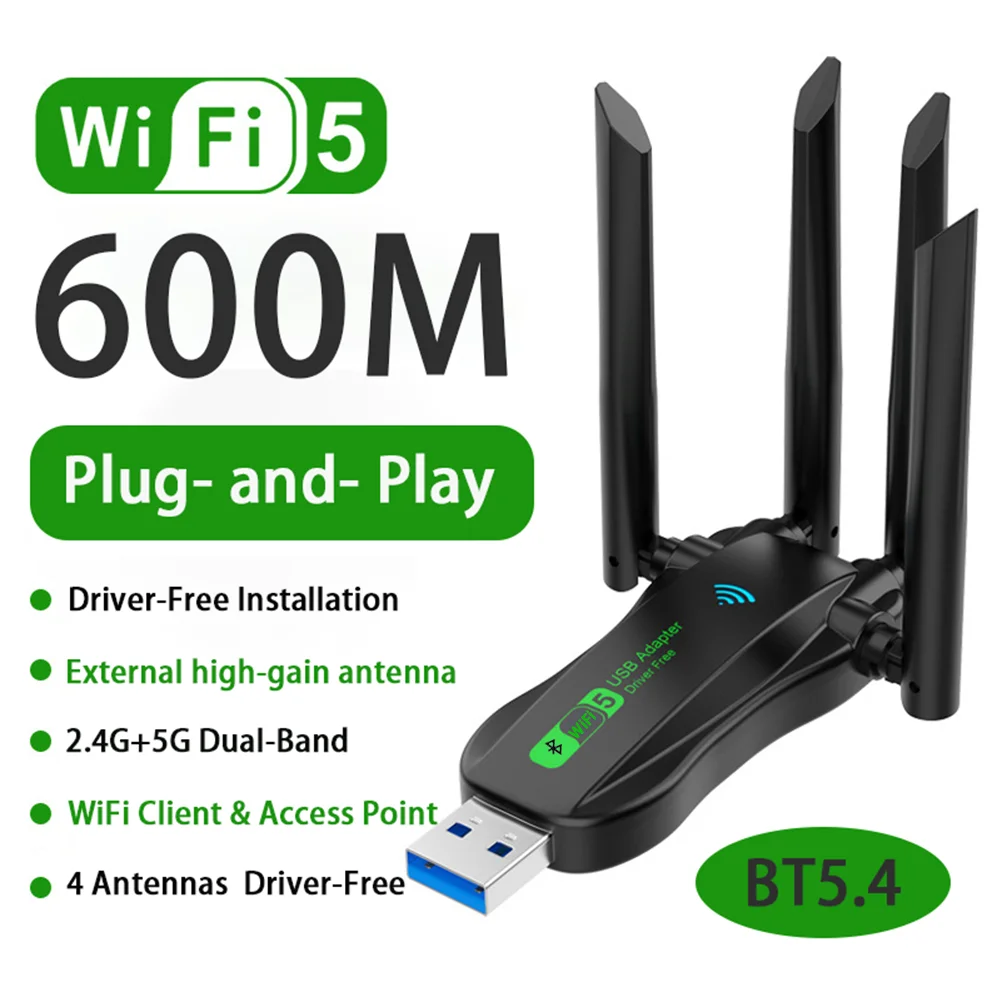 

AX900 Bluetooth 5.4 USB Adapter WiFi5 Dual Band 5G+2.4G 4 Antennas 600Mbps Network Card Wlan Wireless Receiver Driver Free