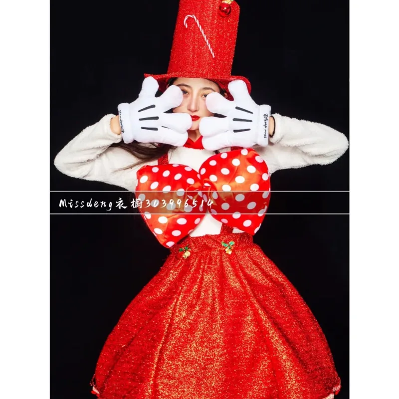 

Bar Gogo Red Bow Dress Elegant Christmas Hat Parade Costume Performance Costume DS Cosplay Women Dress