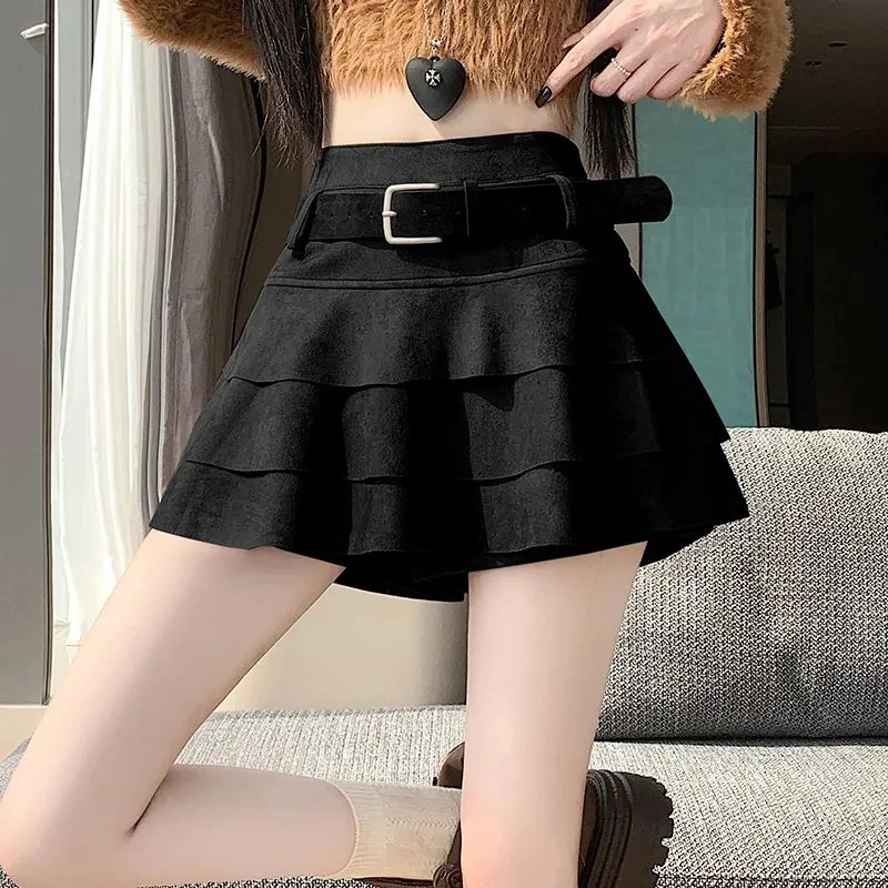 Korean Sweet Fuax Suede Skort Women Tiered High Waisted A Line Cake Skort Street Sexy Preppy Style Slim Casual Y2K Skort