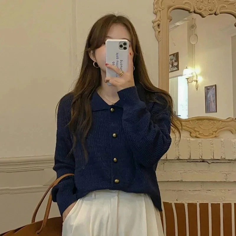 Blue Brown Cute Sweet Girls Women Fall Winter Outerwear White Lace Knitted Cardigans Single Breasted Button Loose Sweaters Coat