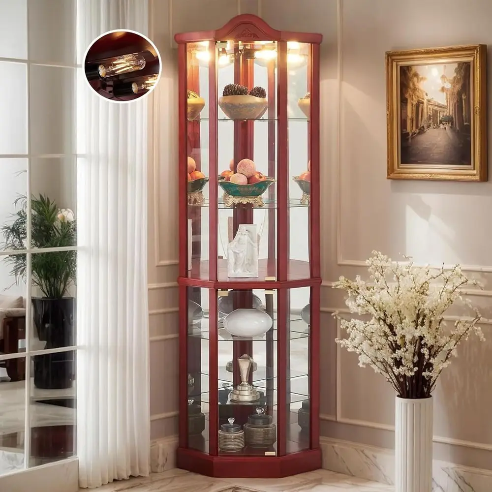

Cherry 72 Lighted Glass Curio Cabinet with 6 Adjustable Shelves, Tempered Glass Door, Ideal for Wine, Liquor, and Display Storag