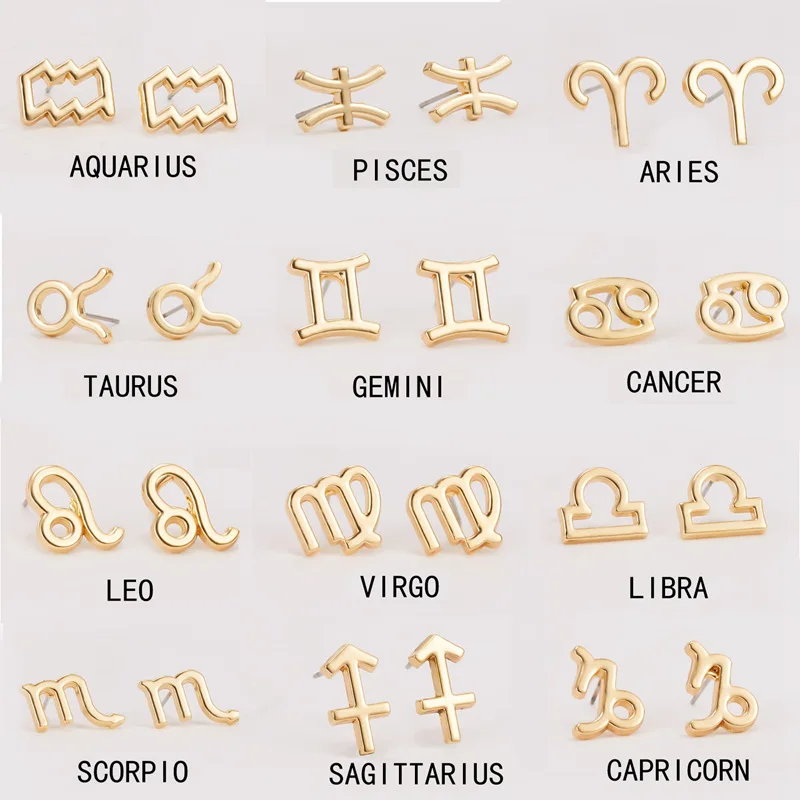 Classic 12 Constellation Zodiac Sign Stud Earrings for Women Gold Color Piercing Jewelry Birthday Party Fashion Gifts Bijoux