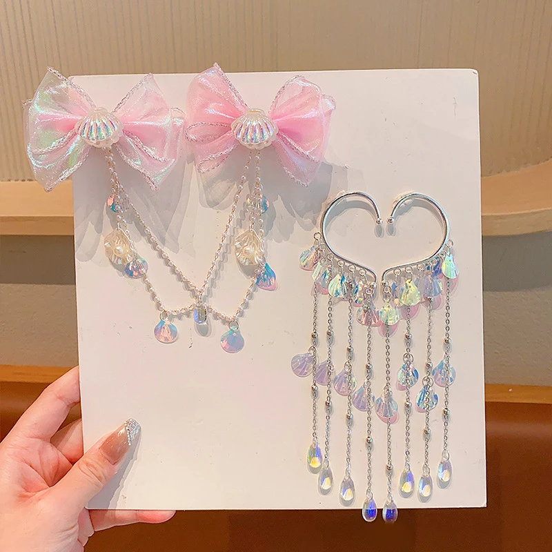 Cartoon Girls Hair Clip Children Mermaid Princess Pearl Fringe Pink Purple Bow Forehead Chain Hairpin Fairy Earhook Accessories