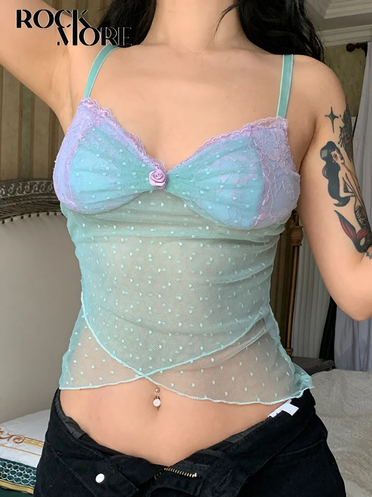 Rockmore Polka Dots Lace Frill Mesh Camis Y2K Aesthetic V-neck Crop Top Women Summer Backless Sexy See Through Corset Tops 2023