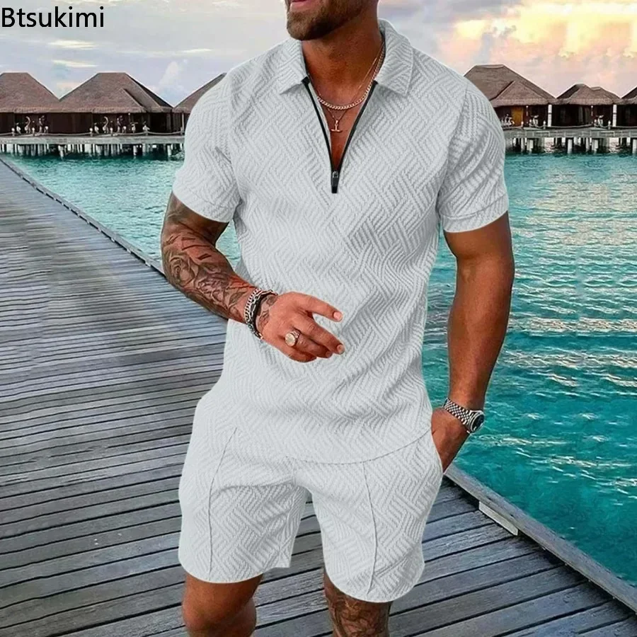 New 2024 Men\'s Polo Suit Fashion Men Sets Solid Summer V-neck Zipper Short Sleeve POLO Shirt+Shorts Two Pieces Men Casual Suit