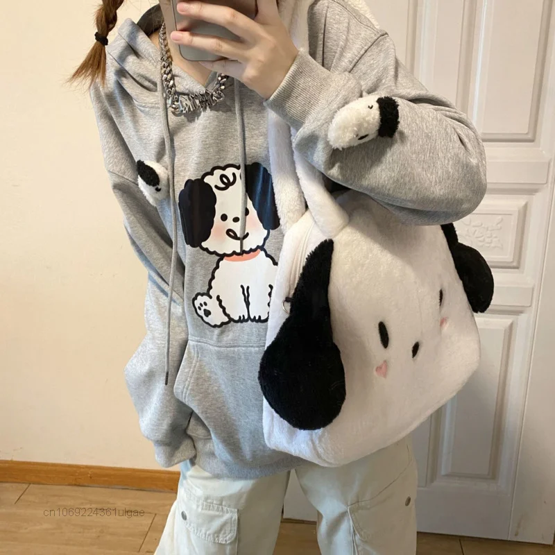 Sanrio pochacco novo design bonito sacos y2k mochilas de pelúcia feminina grande capacidade de luxo bolsa moda tote ombro saco do mensageiro