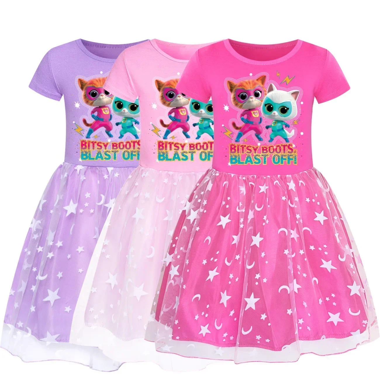 Anime Superkitties Dress Kids 2024 Summer Casual Dresses Baby Girls Super Cats Clothes Children Wedding Party Princess Vestidos