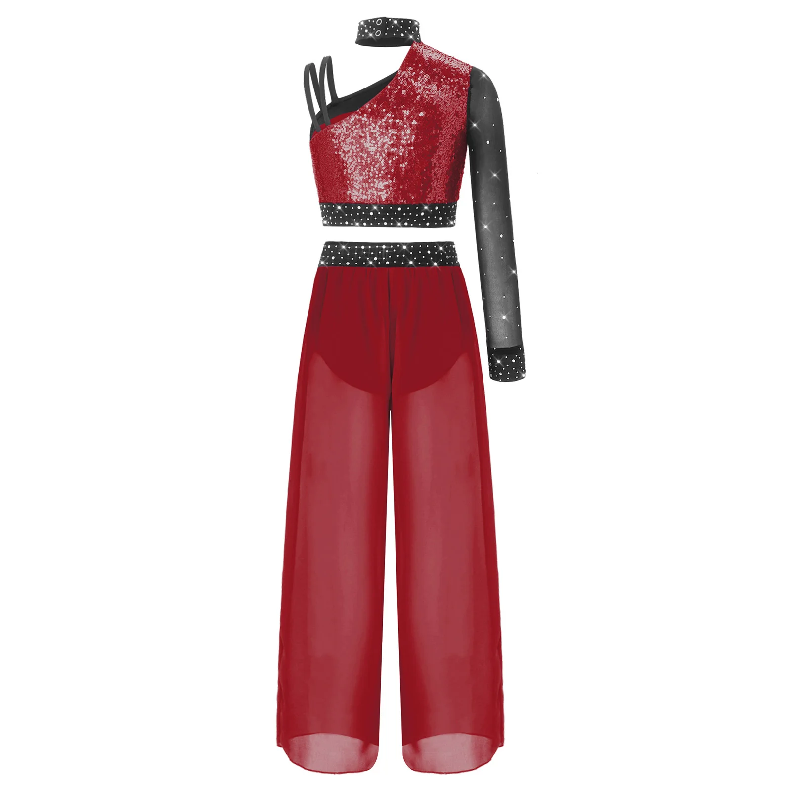 Kids Girls Lyrical Dance Outfit Asymmetrical Mesh Long Sleeve Shiny Rhinestones Sequins Crop Top with Split Flowy Chiffon Pants image 2