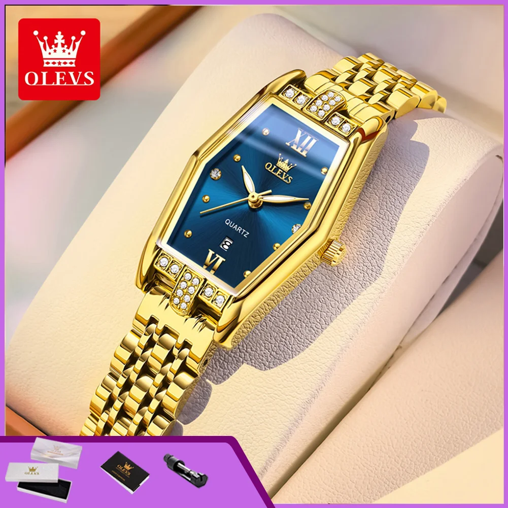 OLEVS 3699 Original Quartz Watch for Women Fashion Tonneau Luminous Date Display Elegant Luxury Golden Ladies Dress Wristwatches