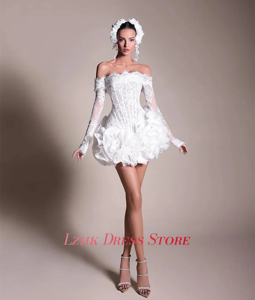 Personalizado sexy jérsei a linha fora do ombro rendas babados vestido de noite alta qualidade barco pescoço mangas compridas vestidos de festa