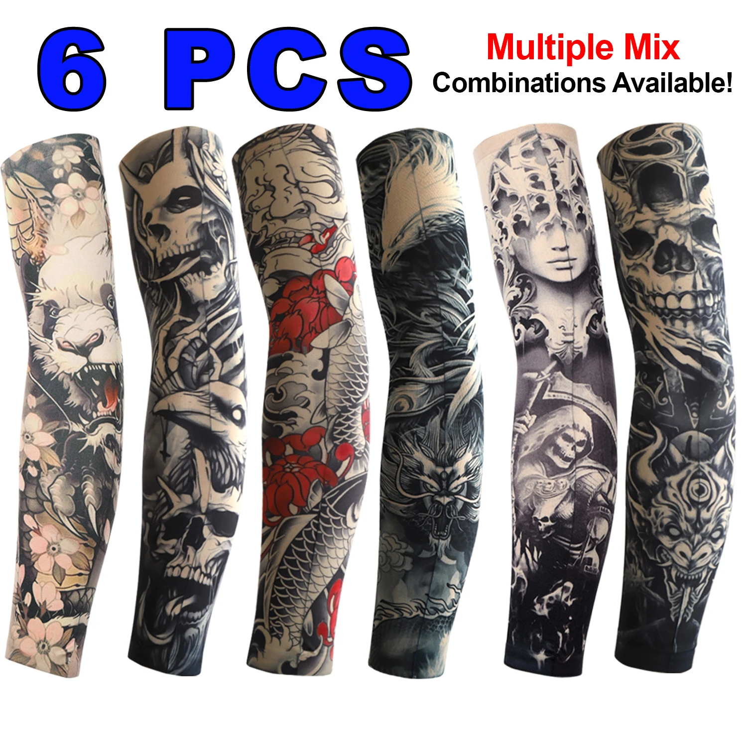 6er-Set Tattoo-Ärmel für Angeln, Unisex, Radfahren, elastisch, Sonnenschutz, atmungsaktiv, verschiedene Designs, Sommer, Nachtclub, Tattoo-Armabdeckung