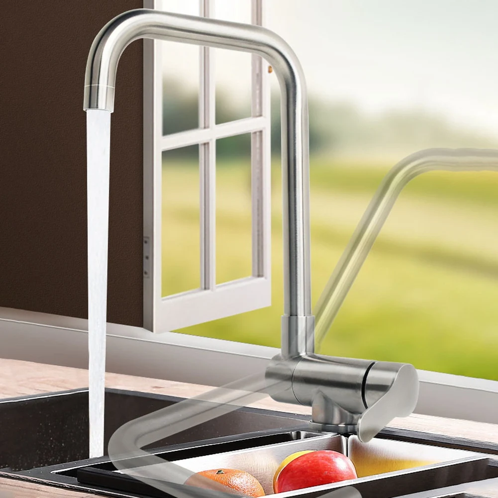 Front Window Folding Kitchen Faucet Stainless Steel 360​​° Rotation Sink Hot and Cold Mixer Water Tap with Hose