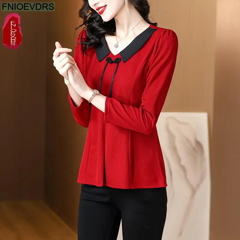 M-5XL New Year Red TopsWomen 2023 Autumn Elegant Office Lady Peplum Basic Shirts Casual Retro Vintage Bow Tie Blouses