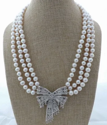 

Beautiful 19''-21'' 3 Rows White Freshwater Pearl Necklace Zircon pave Pendant