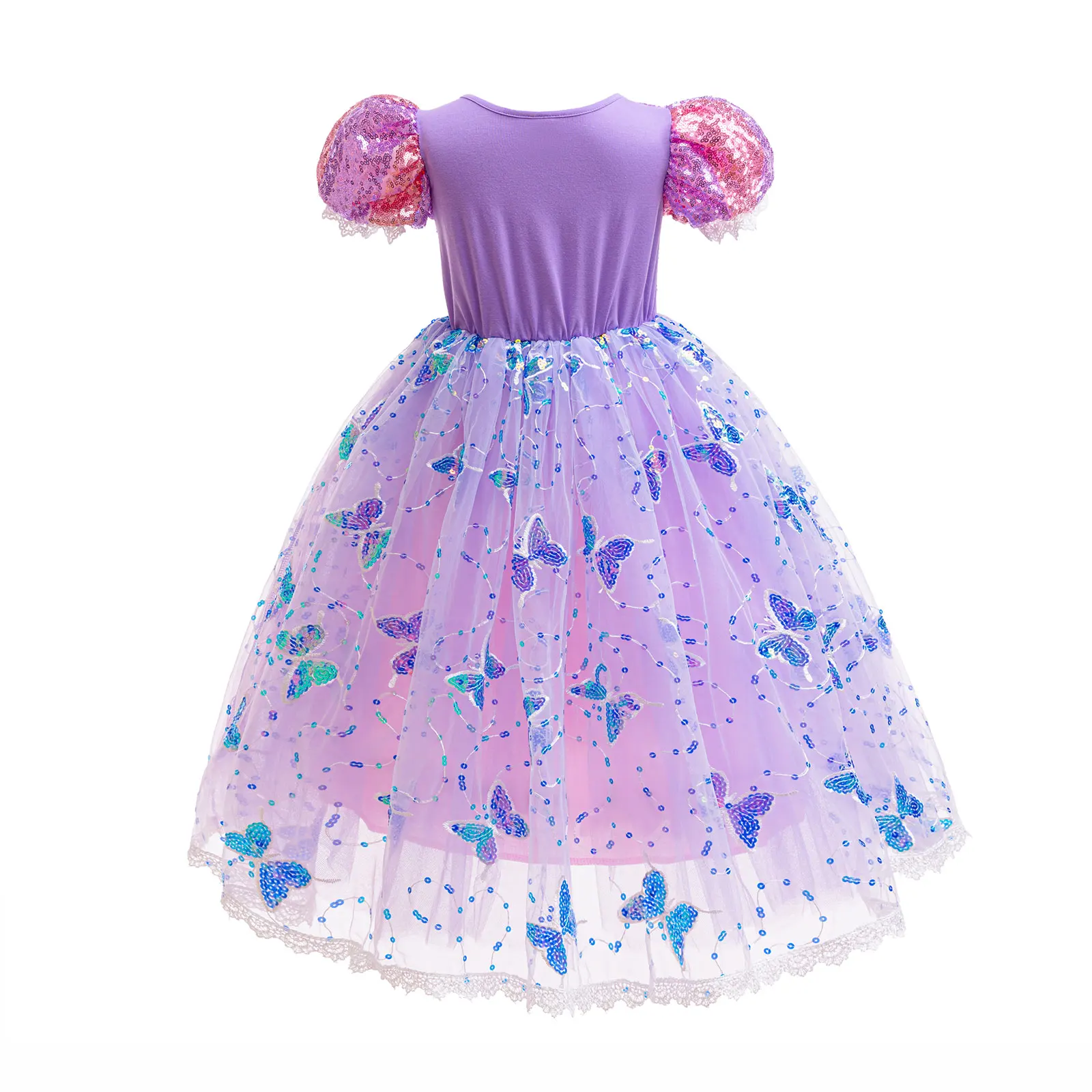 Mädchen Lila Leuchtendes Prinzessinnenkleid Puffärmel Pailletten-Oberteil Schmetterlings-Tüllkleid Kinder Halloween Party Cosplay Rapunzel Kostüm – Detail 3