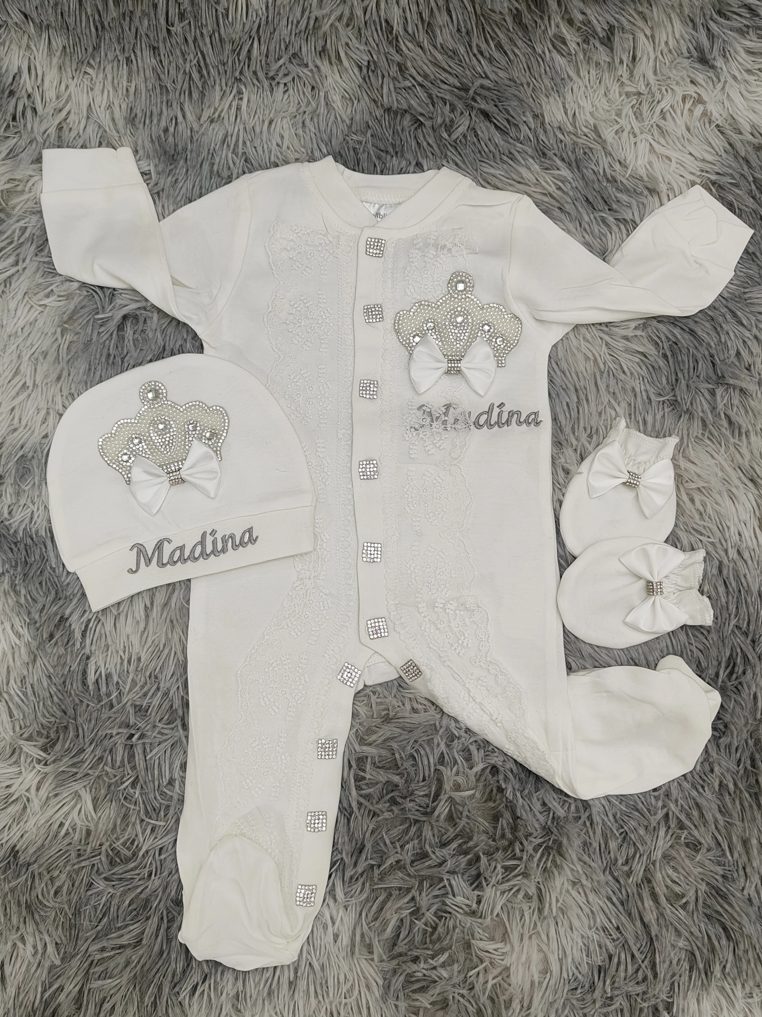 Elegant Baby Girl Christening 3Pcs White Lace Romper Rhinestone Crown Custom Name Hat Mittens For Newborn Photoshoot Baptism