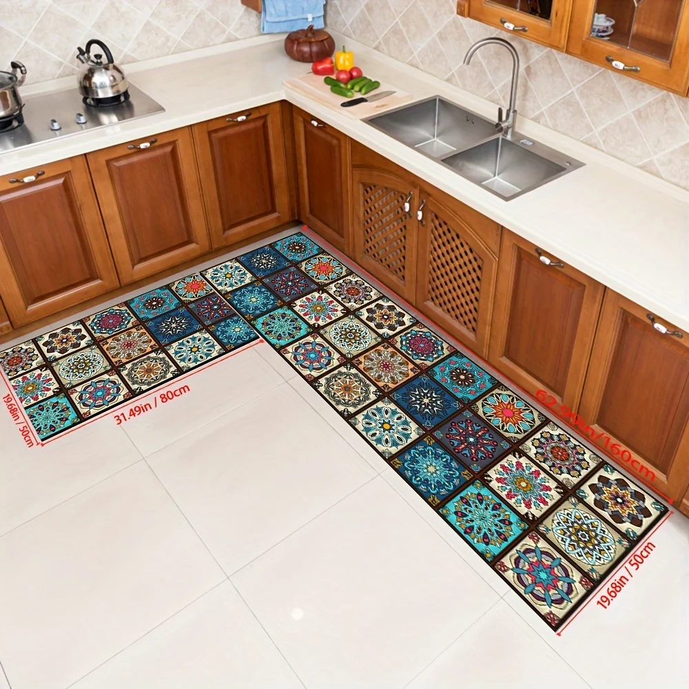 VIKAMA Bohemian Chic Vintage Kitchen Rug Non-Slip Diatom Mud Mat for Home Decor Welcome Carpet Laundry Floor Mat Bathroom