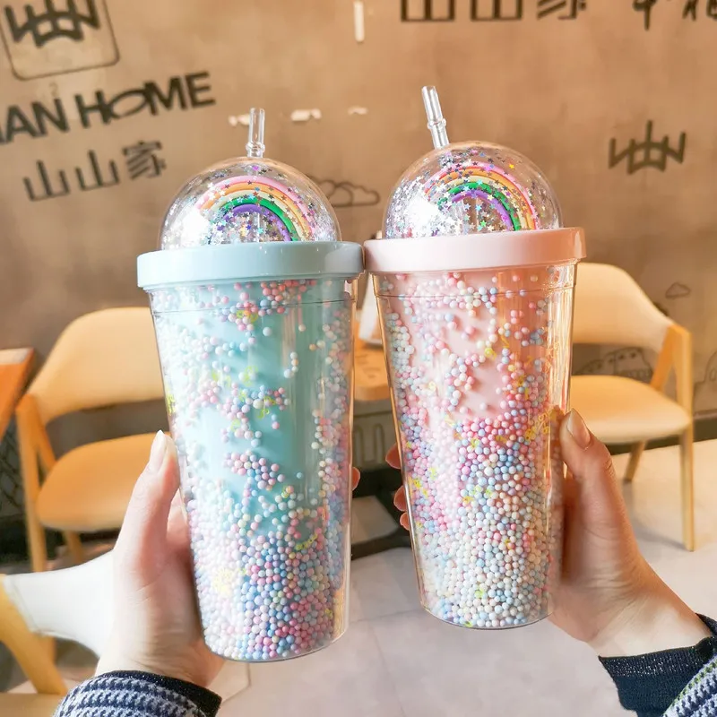 Cartoon Cute Rainbow Cup with Straw Double Plastic Woman Girl Water Bottle Kids Cup Sippy Cup Straw Cup Summer Portable Cup