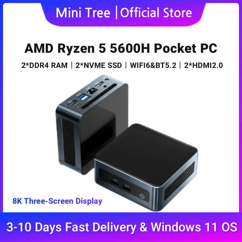 AMD Ryzen5 5600H Mini PC 16GB DDR4 500GB SSD WIFI6 Windows 11 Mini computer desktop per Home Office Gaming Media Vesa montato