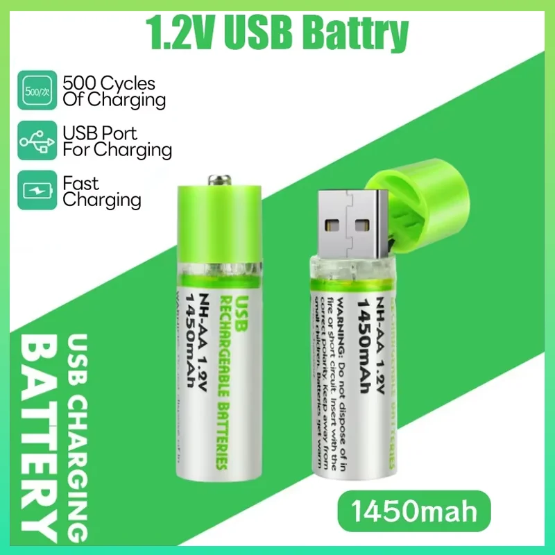 AA USB Rechargeable NiMH Battery 1.2V 1450mAh USB Charging Port for Remote Control Mouse Small Fan Toy