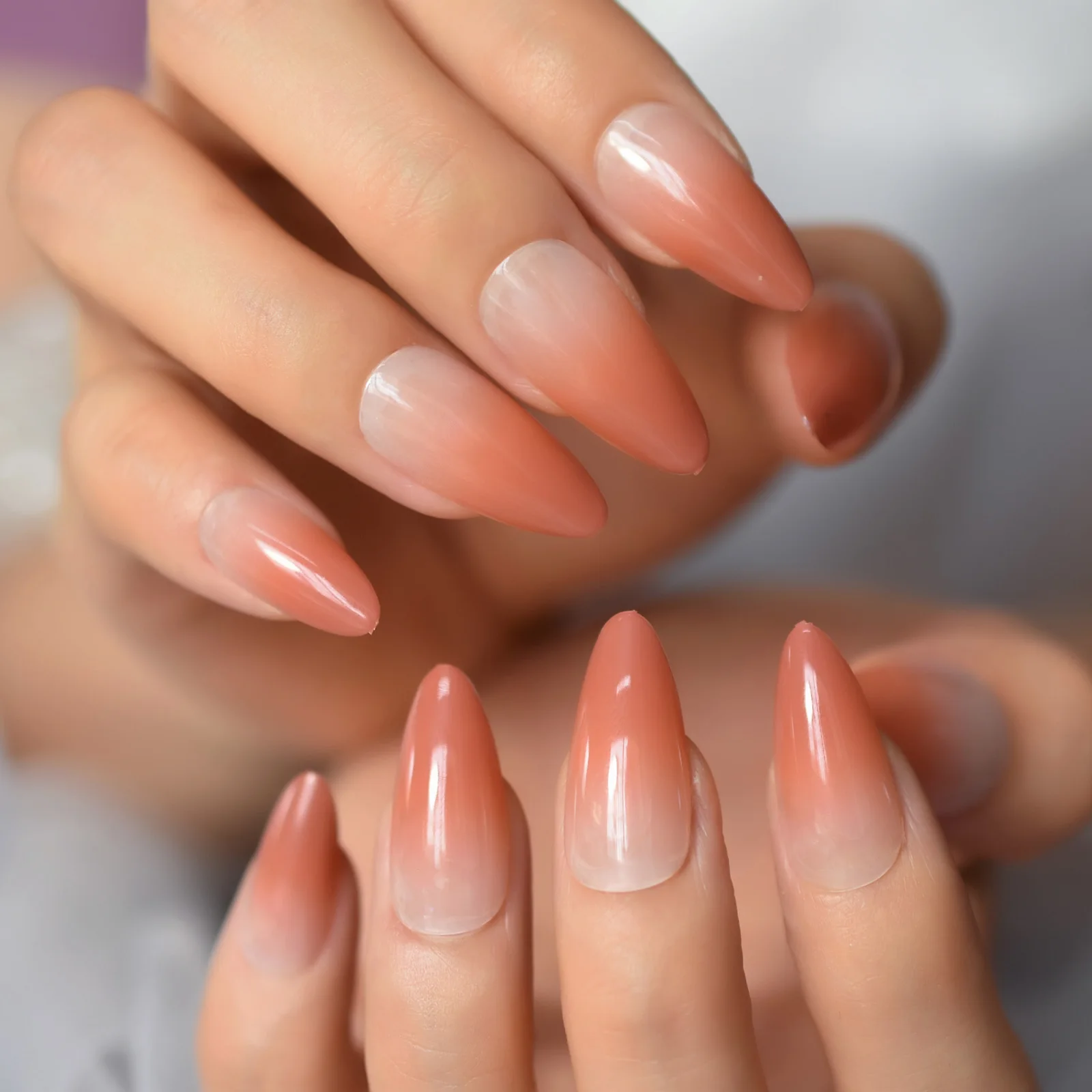 Coral Fake Nails Mid Long Press On Nails Ombre Glossy Full Cover False Nail Tips Almond 24pcs Nude gel Acrylic Nail Set