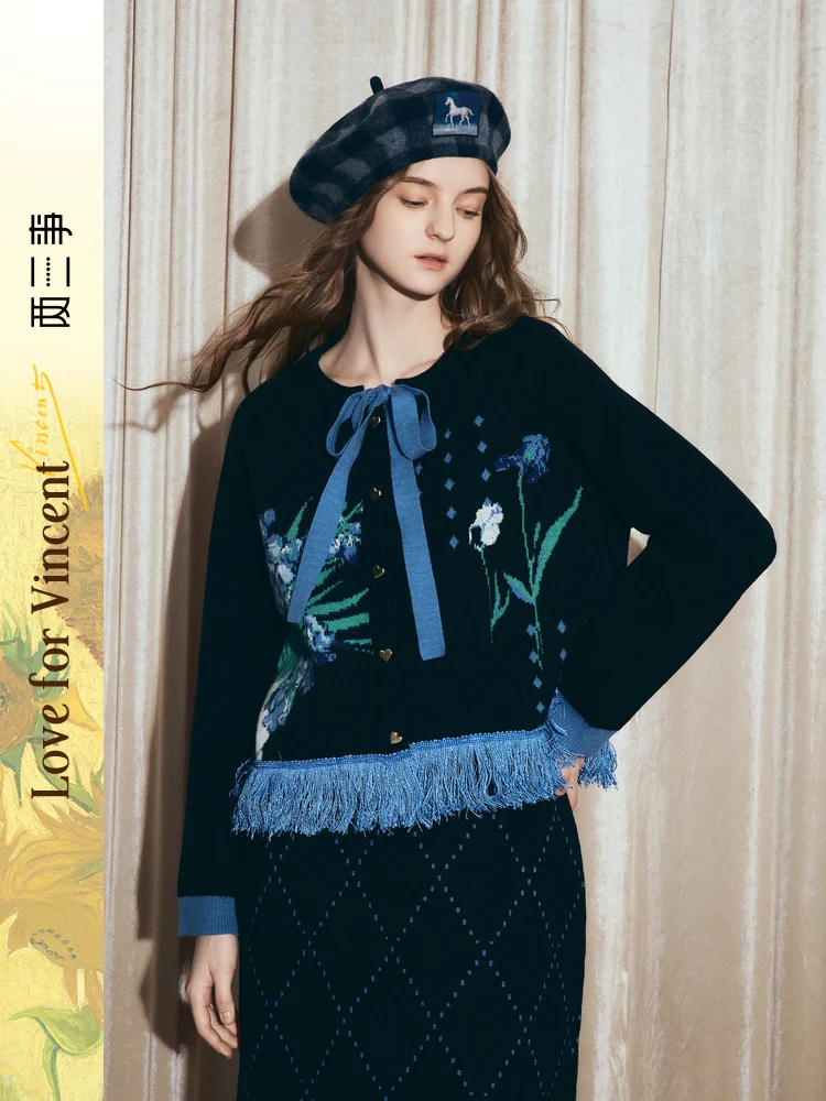 

Женский свитер Van Gogh, коллекция Зима 2025, новинка, цветной, с бахромой, с поясом, с цветочным узором «Ирис», свободный крой, для повседневной носки