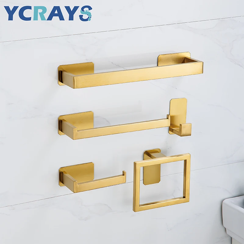 

YCRAYS Golden No Drilling Bath Hardware Sets Toilet Paper Holder Towel Rack Bar Rail Robe Hook For Bathroom Products Accessories