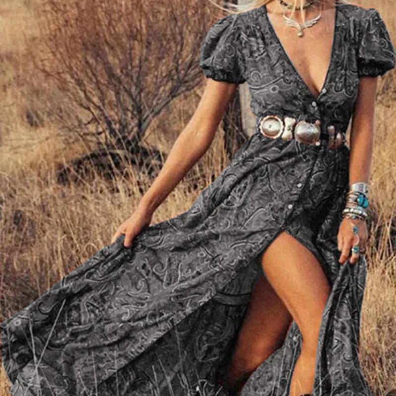 Abito lungo Boho Vintage con stampa floreale in Chiffon con scollo a v estate Gypsy Hippie abiti da donna Vestidos