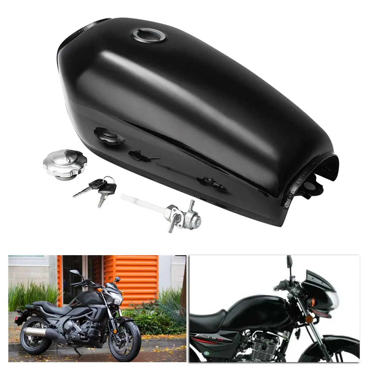 Motorcycle 9L Vintage Gas Tank Cafe Racer Vintage Fuel Tank with Cap Switch For Honda CG125 CG125S Silver / Black