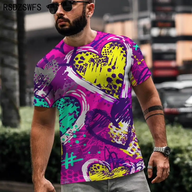 

Male Tee tshirt Best design Street trend Graffiti 3D printing letter cartoon geometric stripe elements Leisure Men's T-shirt