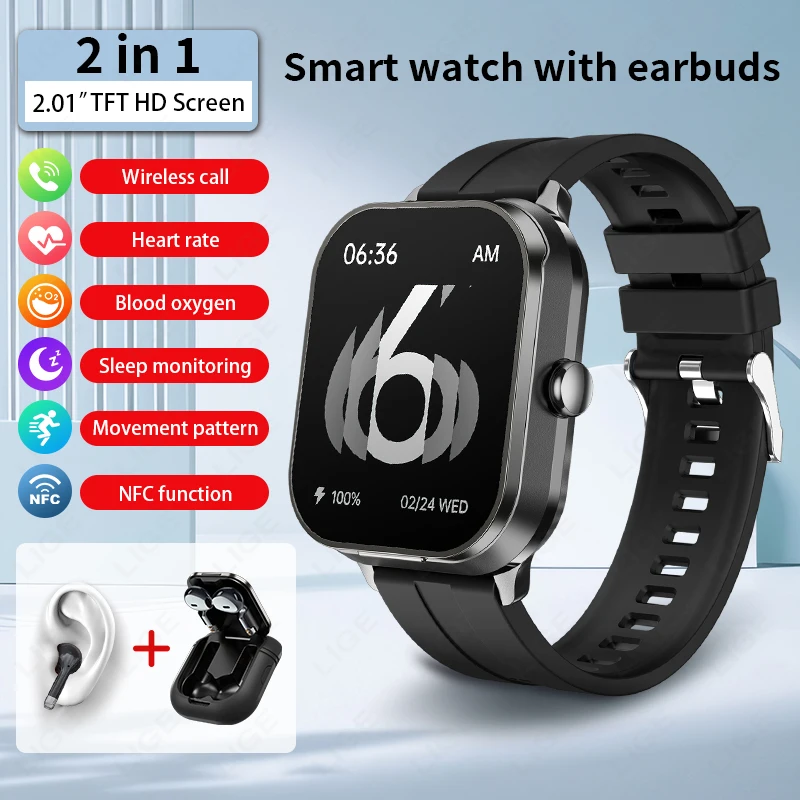 

LIGE 2,01 дюйма Смарт-часы TWS Наушники 2-в-1 Bluetooth Вызов NFC Монитор сердечного ритма Артериального давления Воспроизведение музыки Smartwatch