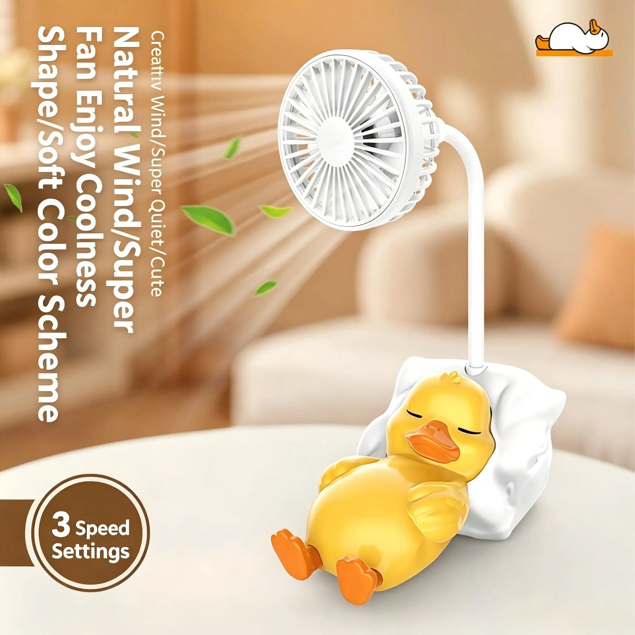 

Cartoon Sleep Duck Mini Desktop Fan USB Rechargeable 3 Speed Cold Air Electric Fan Desk Cooling Fan Cute Animal Design