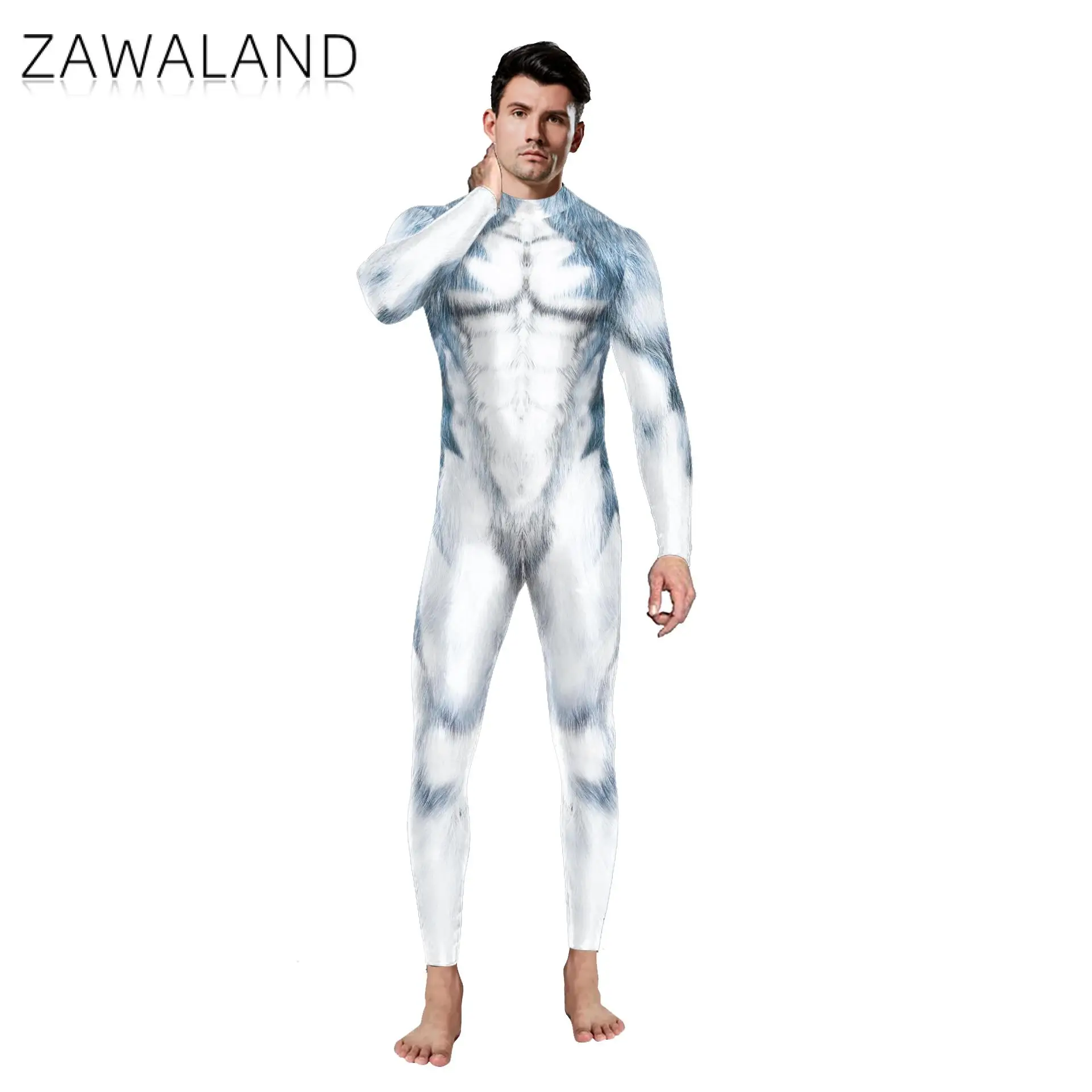 Zawaland Halloween Men Wolf Animal Bodysuit Carnival Holiday Party Funny Jumpsuit Stage Long Sleeve Zipper Cosplay Costumes