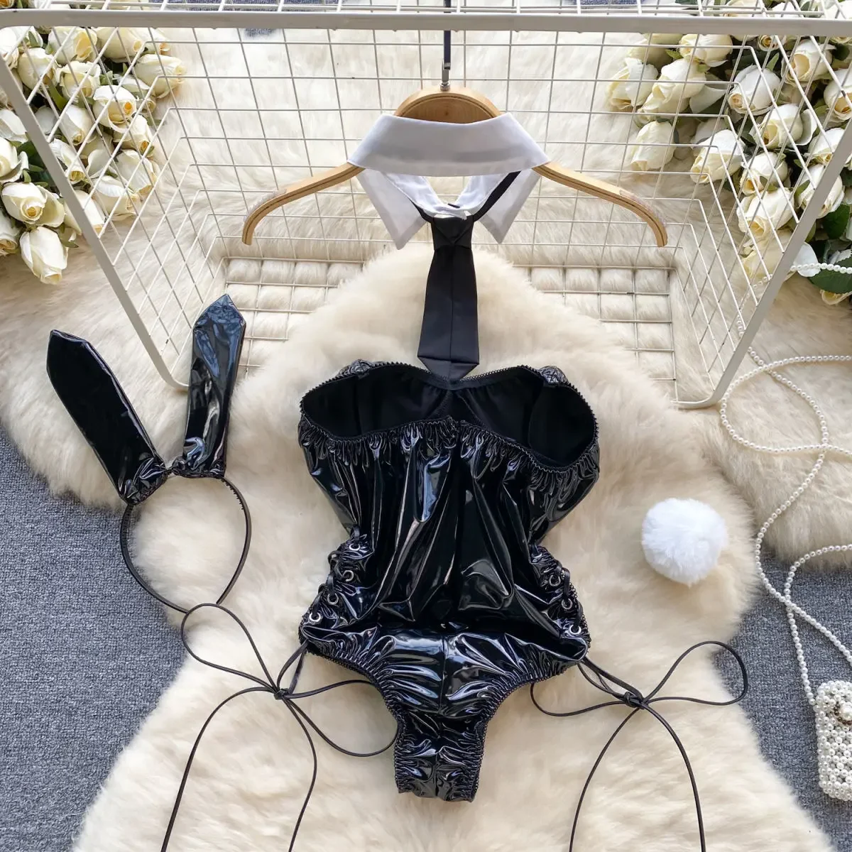 Set di tute slim con reggette senza spalline per ragazza di coniglio in pelle PU Set di lingerie pornografica esotica per feste Cosplay Body con lacci sexy