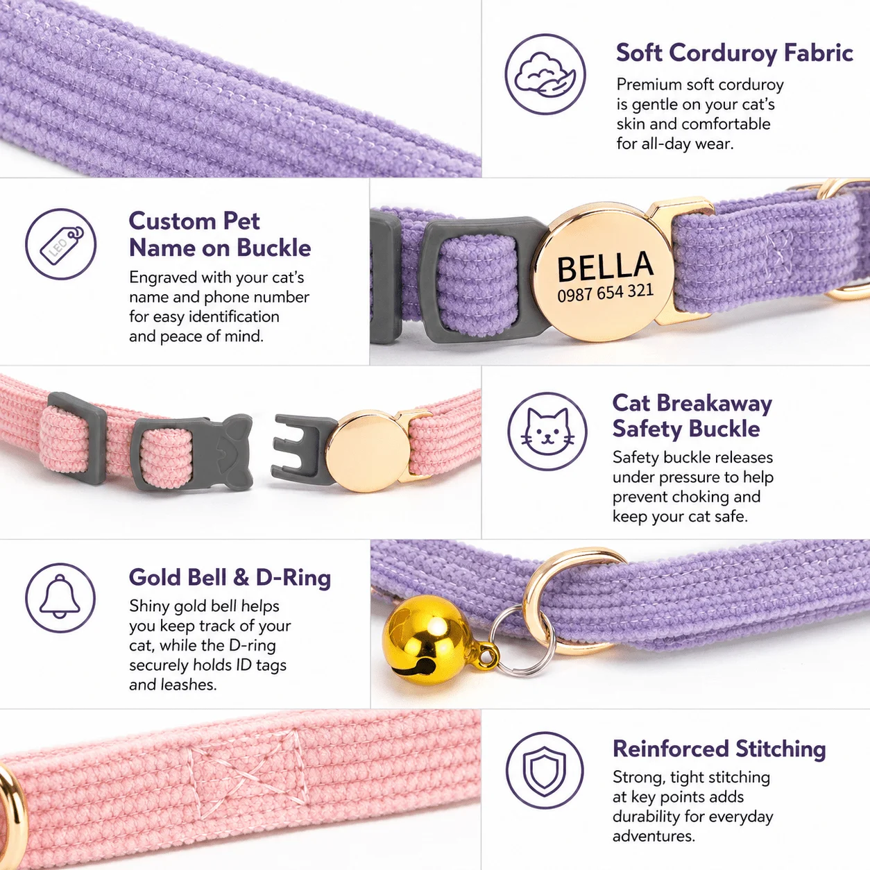 Personalisiertes Katzenhalsband mit Lasergravur, Anti-Verlust-Halsband, weiches Cord-Kätzchenhalsband mit Sicherheits-Abreißschnalle – Detail 2