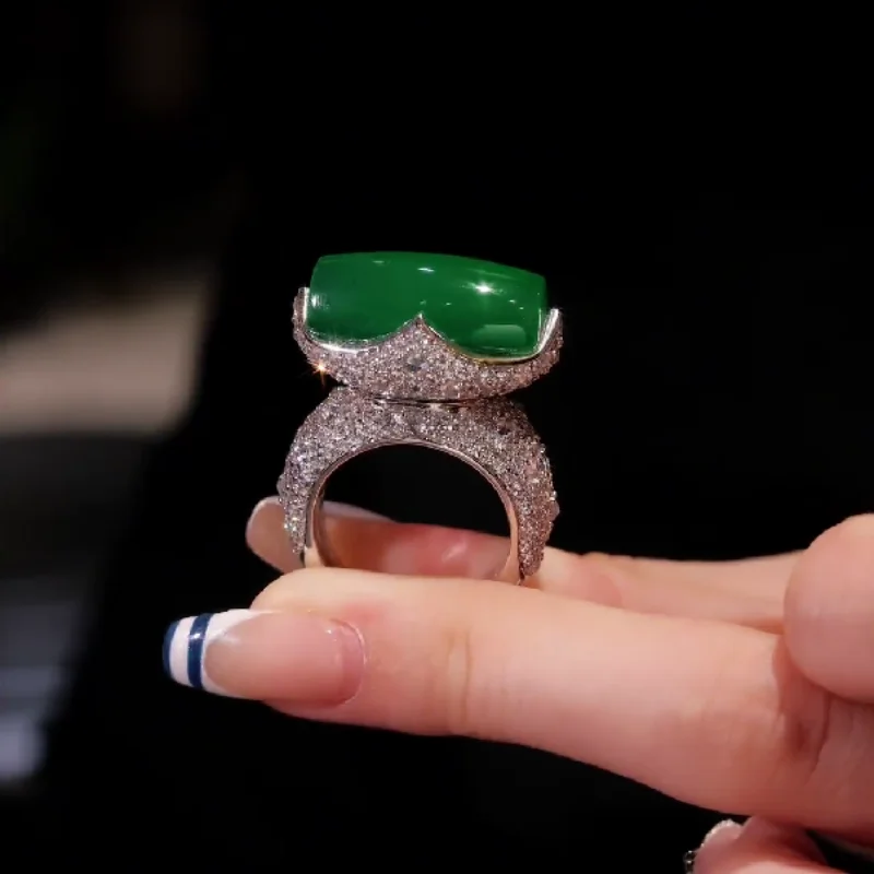 Bellux Women Luxury Green Jade Rotatable Ring 925 Silver Full Pave Zircon Wide Band Ring Party Banquet Fashion Jewelry Rings