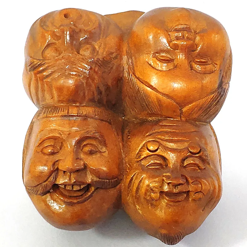 

Y8066 - 2 " Hand Carved Boxwood Netsuke Carving Figurine - 7 Little Japanese Masks in One