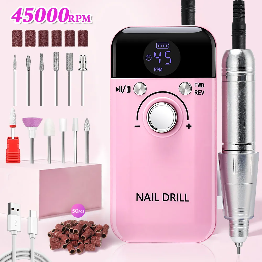 

Профессиональная электрическая дрель для ногтей, 45000 об/мин, перезаряжаемая полировальная машинка с ЖК-экраном, подходит для гель-лака, пилочка для ногтей, маникюрный инструмент