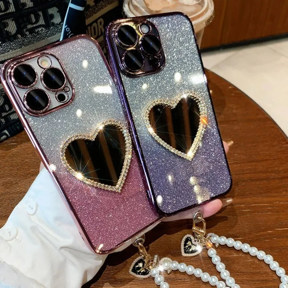 Luxury Diamond Love Mirror Phone Case For Honor X7 X7A X8 X8A X8C 4G X8B X9 X9A Magic 7 6 5 Lite Hanging Rope With Pearl Heart