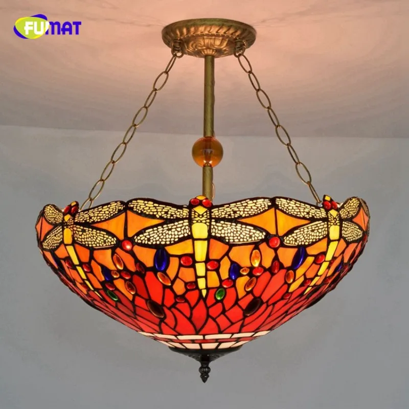 FUMAT European Retro Tiffany Stained Glass Dragonfly Living Room Dining Room Bedroom Creative Rose Chandelier