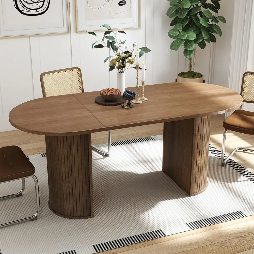 

Oval Brown 70.8 Dining Table for 4-6 People with Semi-Cylindrical Legs for Kitchen or Living Room