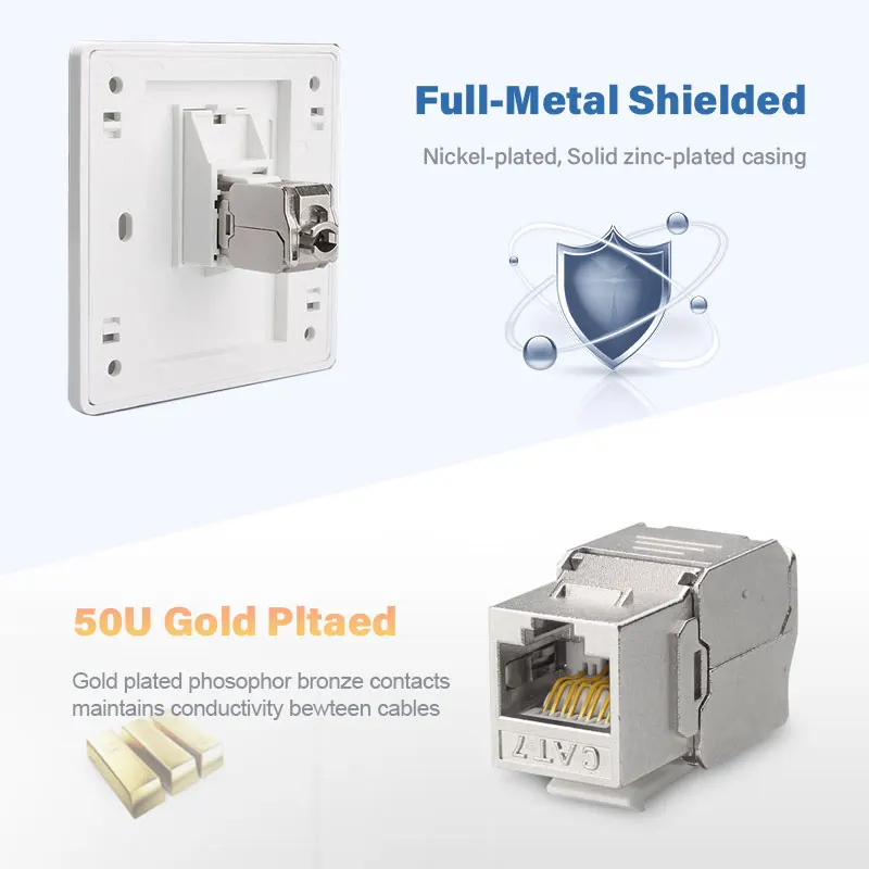 나탈링크 Cat6a/Cat7 STP RJ45 키스톤 잭 툴리스 아연 합금 모듈 실드 이더넷 커플러 어댑터 10GB 월 플레이트용
