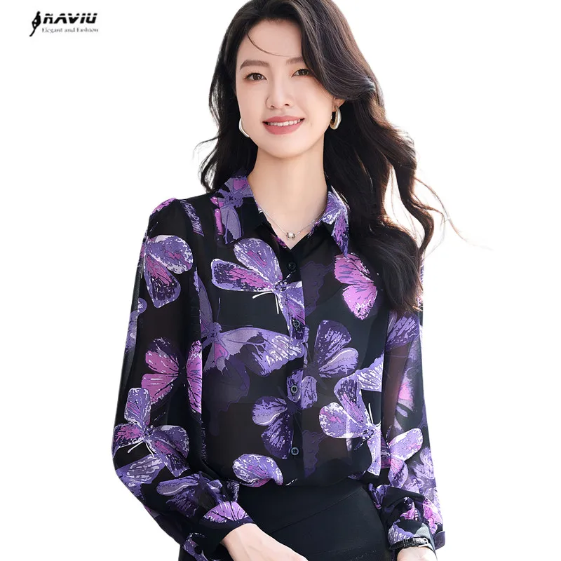 NAVIU Purple Yellow Print Turn-down Collar Fashion Shirt Office Lady Style Blouse Women's Long Sleeve Overalls For Tops