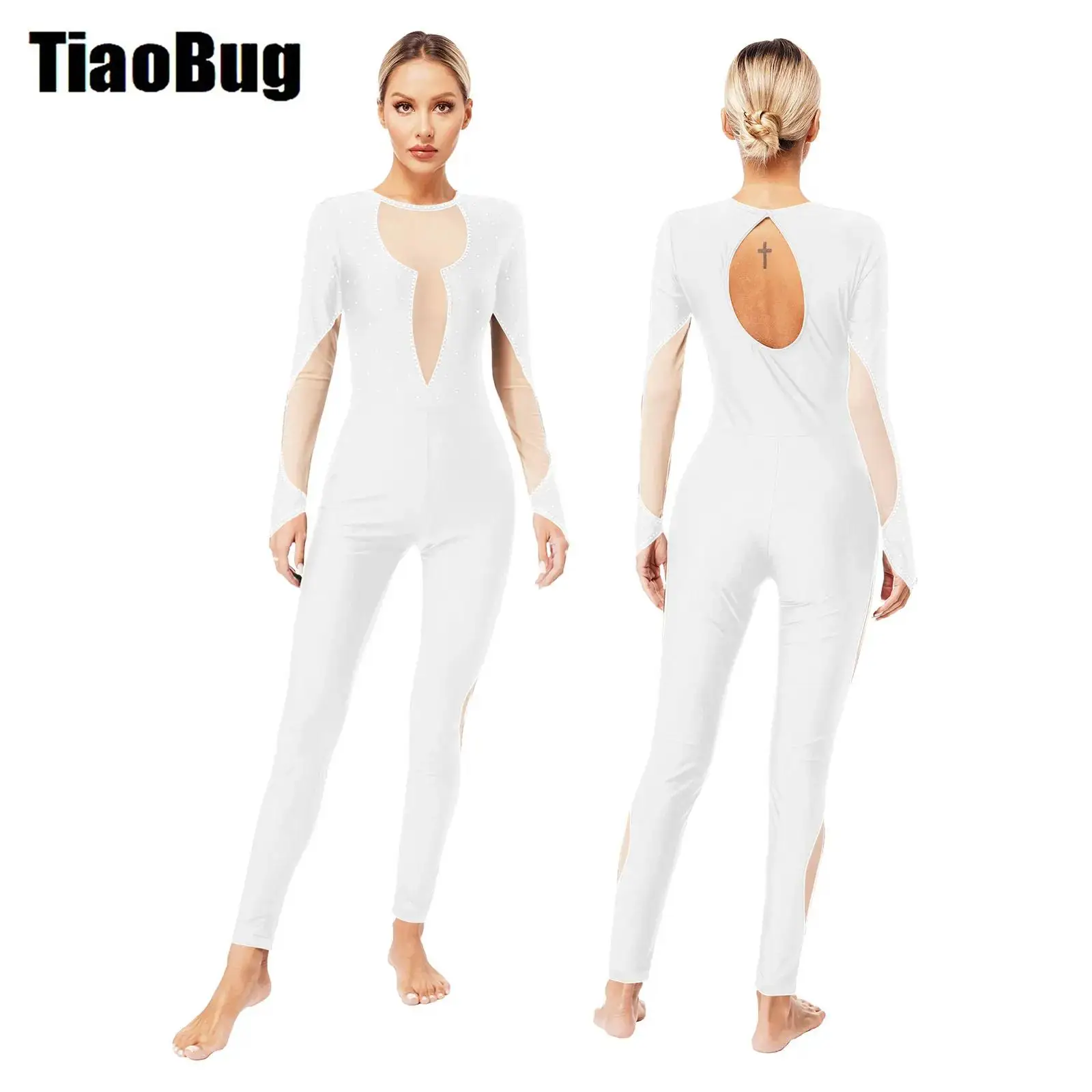 

Womens Figure Skating Dance Jumpsuit Sheer Mesh Patchwork Long Sleeve Keyhole Back Bodysuit Gymnastics Costume