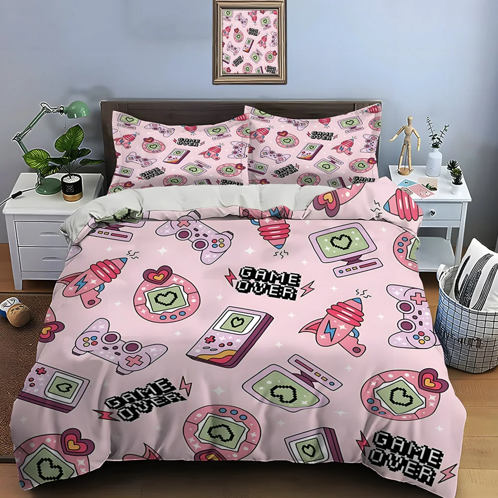 

Retro Gaming Icons on Pink Background Bedding Set for Kids Luxury Gift 3pcs Digital Print Comforter Set Soft Comfortable