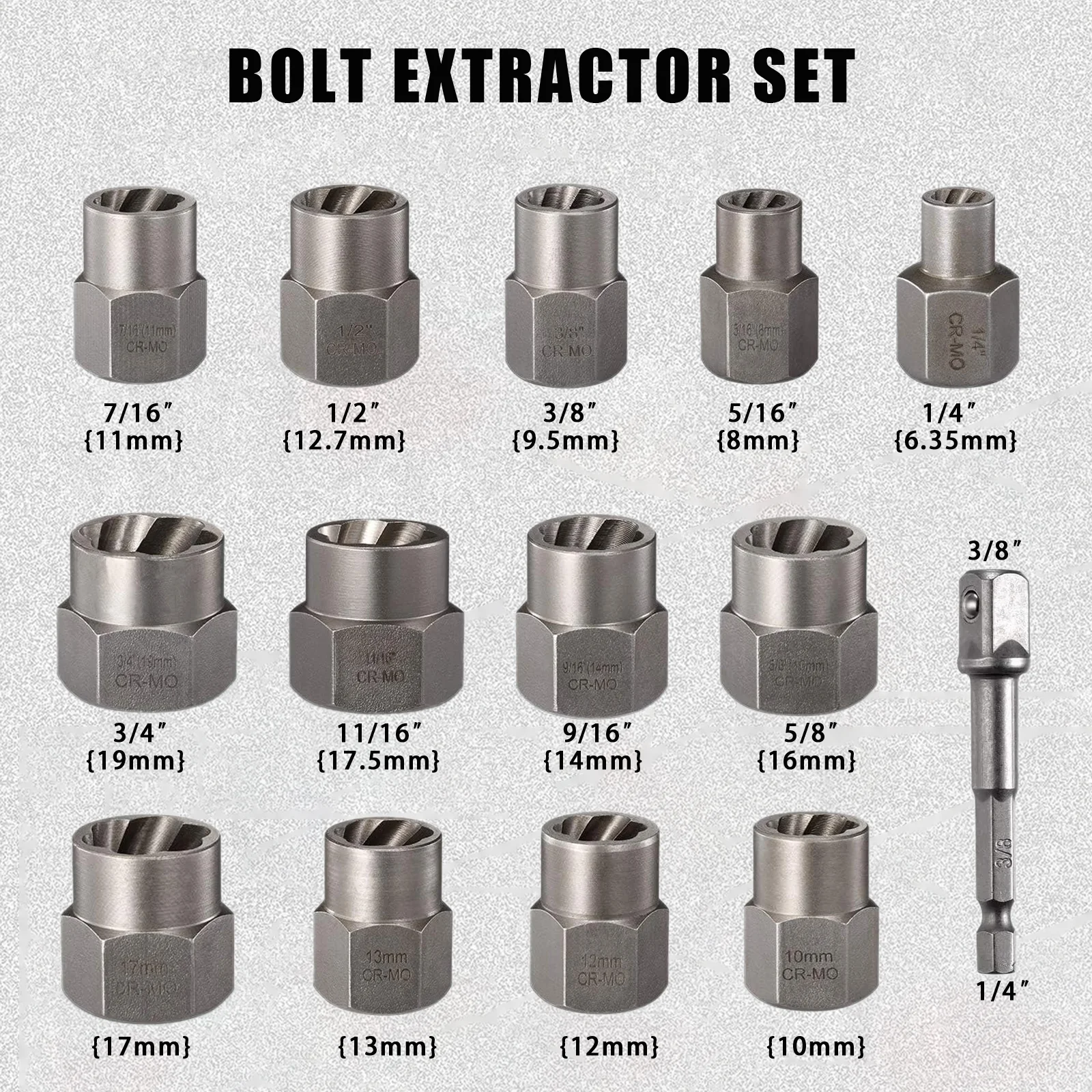 14 Piece Nut Screw Remover Extractor Removal Tool Kit 6-19mm Socket Bolts Nuts Screws Remover Tool Set