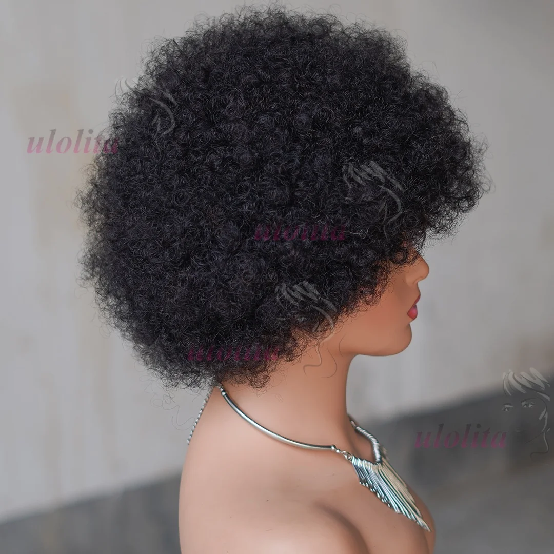 Afro Flauschige Lockige Echthaarperücken 70er Jahre Jerry Curl Perücke Eine Perücke Zwei Stile Kleberlose Perücke Flauschige Federnde Perücke Nass- und Trockenstyling – Detail 7