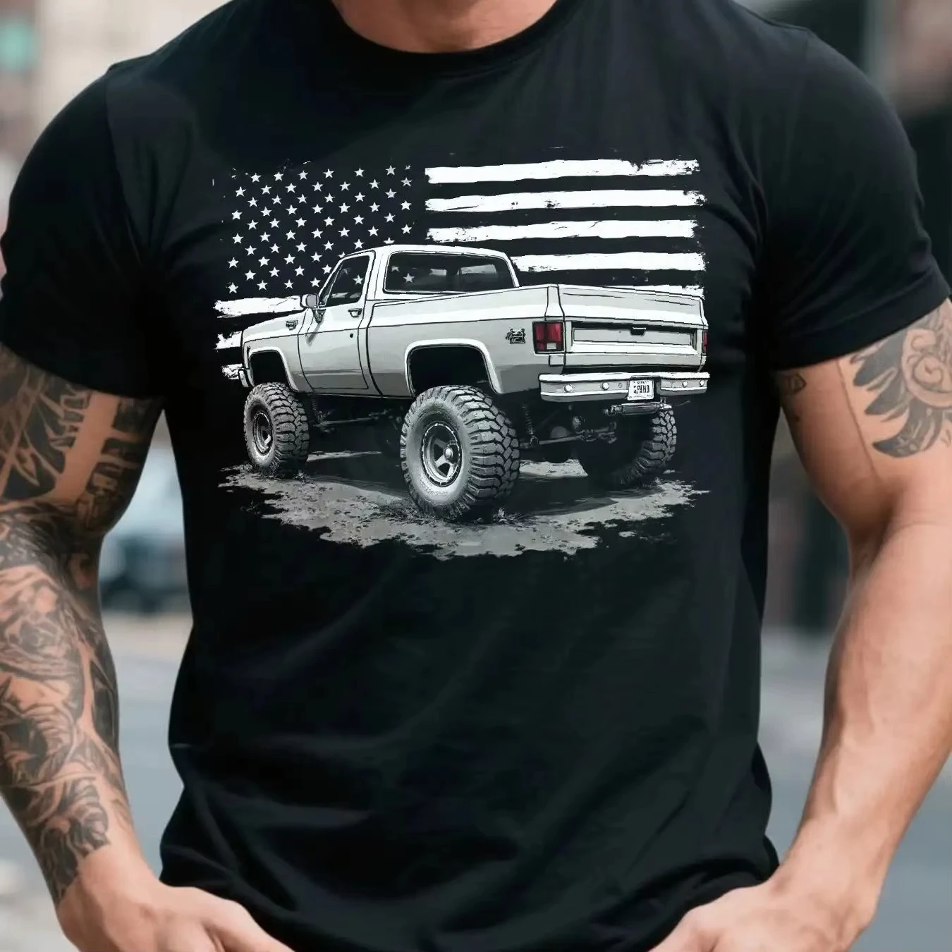 Men Off‑Road Pickup Truck Graphic T‑Shirt Vintage Distressed American Flag Print Casual Short Sleeve Car Lover Male Tee Tops